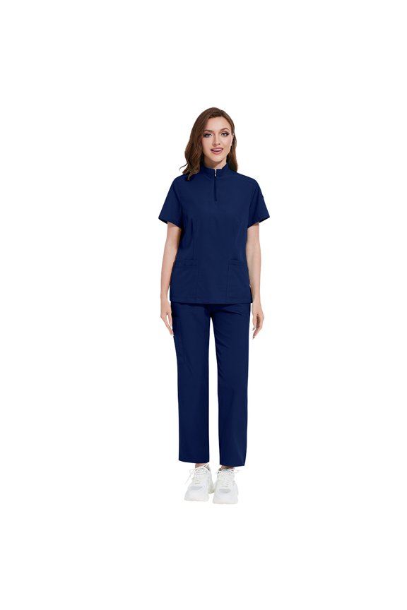 Unisex Scrubs Set Stand Collar Zipper Nursing Work Uniform for Clinic