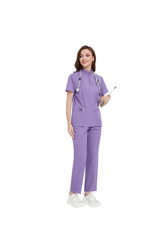 Unisex Scrubs Set Stand Collar Zipper Nursing Work Uniform for Clinic