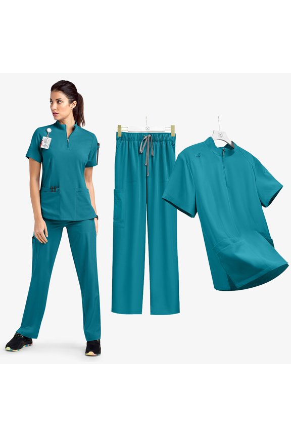 Unisex Scrubs Set Stand Collar Zipper Nursing Work Uniform with Pockets for Hospital
