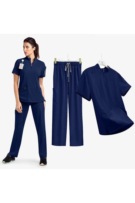 Unisex Scrubs Set Stand Collar Zipper Nursing Work Uniform with Pockets for Hospital