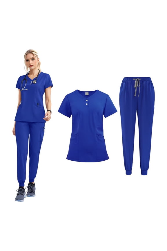 Unisex Scrubs Set V-Neck Button Design Medical Uniform with Pockets for Veterinary Hospitals