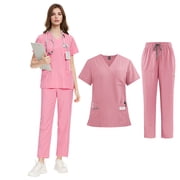 Unisex Scrubs Set V-Neck Short Sleeve Quick Dry Work Uniform for Beauty Salon