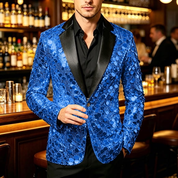 Unisex Sequin Blazer Satin Lapel Single Button Long Sleeve Slim Glitter Formal Party Wedding Stage Jacket, Suit Jacket Blue S
