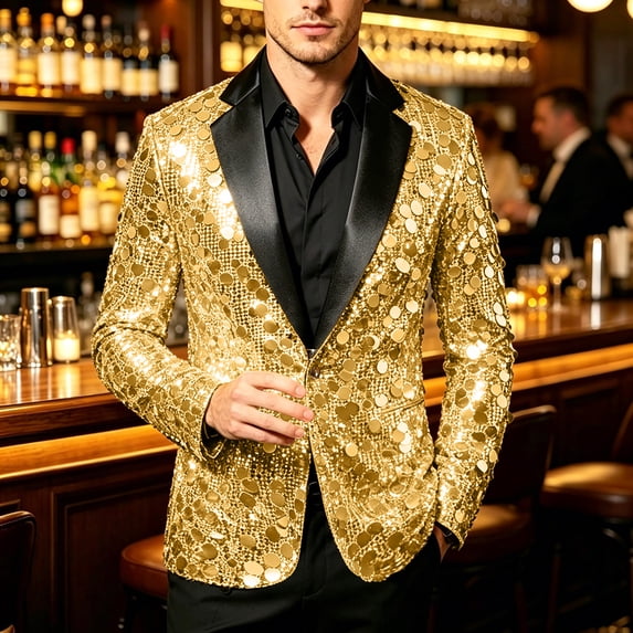Unisex Sequin Blazer Satin Lapel Single Button Long Sleeve Slim Glitter Formal Party Wedding Stage Jacket, Suit Jacket Yellow L