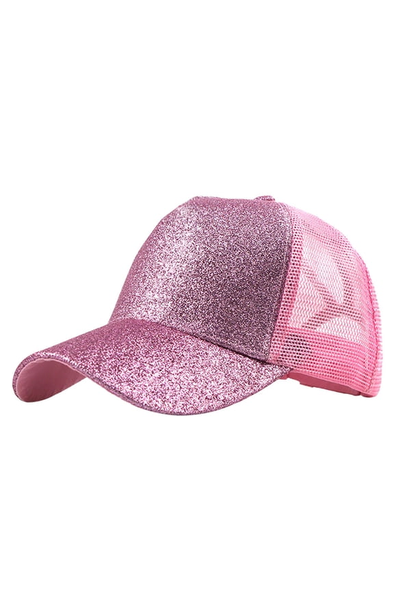 Unisex Sequin Trucker Hat, Glitter Front Panel with Mesh Back and Ponytail Hole Design, Adjustable Baseball Cap for Summer Fashion, Outdoor Activities, and Casual Style Red
