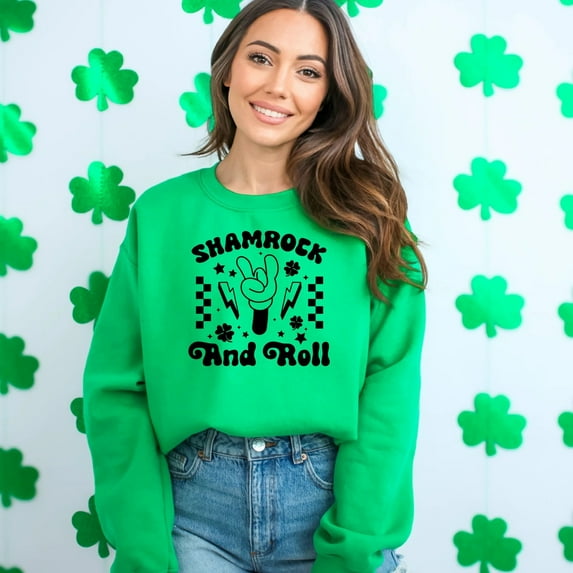 Unisex Shamrock and Roll Sweatshirt, St. Patrick's Day Casual Pullover, Green Graphic Crewneck, Lucky Clover Sweater, Irish Music Top