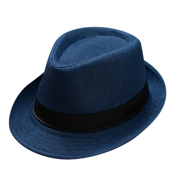 Unisex Short Brim Straw Fedora Hat, Foldable Panama Sun Cap, Ribbon Decor 1920S Party Costume Headwear, Lightweight Breathable Trilby Homburg Suitable for Beach, Vacation and Retro Party,Blue