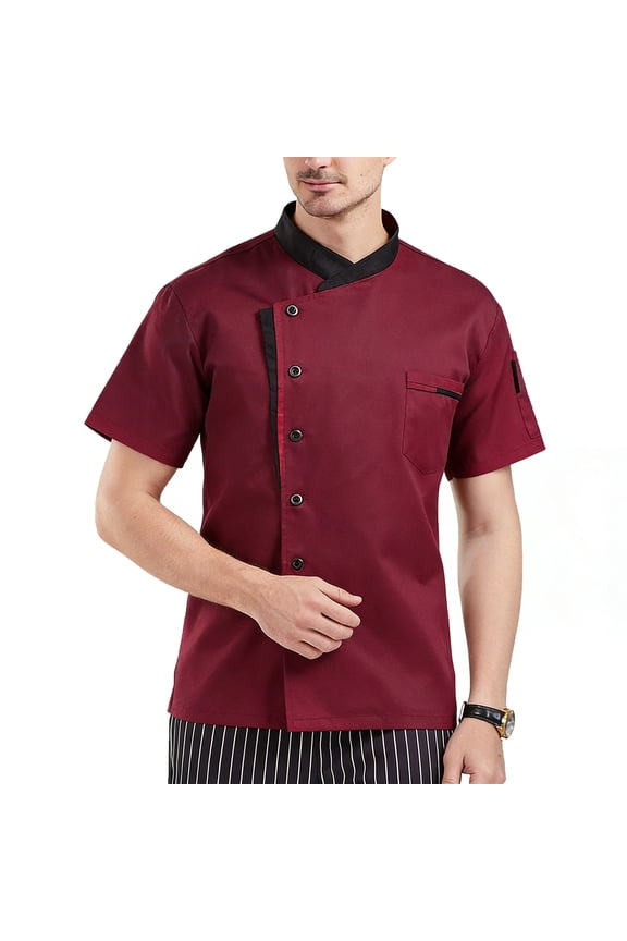 Unisex Short Sleeve Chef Coat, Waterproof Oil-Resistant Button Front Lightweight Kitchen Uniform for Men and Women Restaurant Hotel,Red L