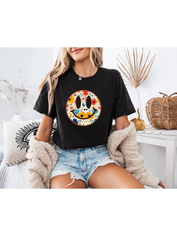 Unisex Short Sleeve Tee Retro Floral Smiley Face Aesthetic Cute Print