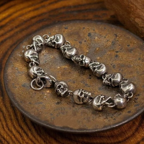 Unisex Silver Skull Link Bracelet Skull Bracelet Gothic Skull Head Retro Motorcy