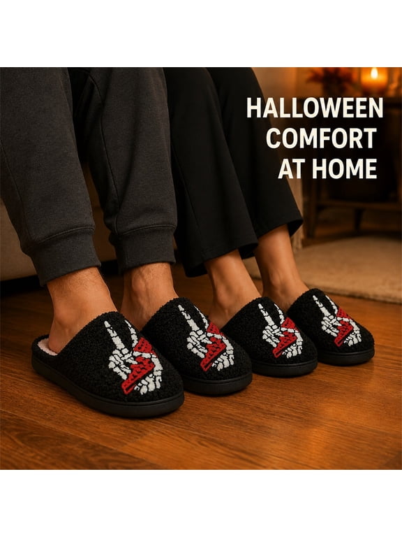 Unisex Skeleton Hands Slippers, Closed Toe House Shoes, Skeleton Hand Embroidery on a Black Mule, Slip On Casual Footwear