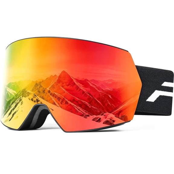 Unisex Ski Goggles, Dual Anti-Fog UV Protection Lenses, Snow Goggles for Snowboarding & Snowmobiling, Black Matte, Full Red Lens