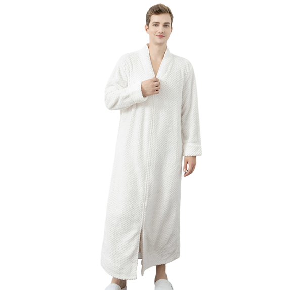 Unisex Sleep Bathrobes,Zipper Front Luxury Warm Waffle Plaid Nightgown Loungwear,Long Sleeve Ankle Length Couples Matching Pajamas Sleepwear Robe,S-L Men White