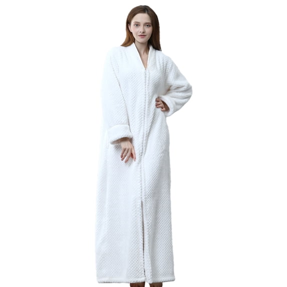 Unisex Sleep Bathrobes,Zipper Front Luxury Warm Waffle Plaid Nightgown Loungwear,Long Sleeve Ankle Length Couples Matching Pajamas Sleepwear Robe,S-L Women White