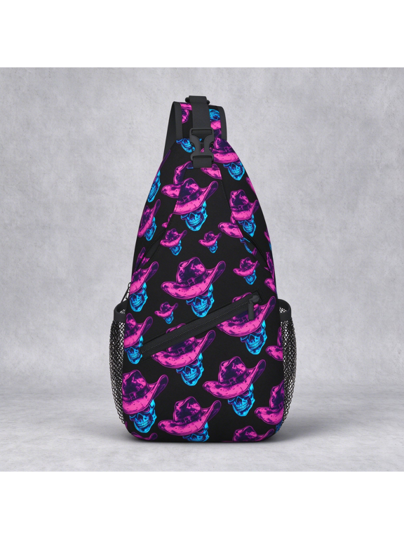 Neon Skull Print Crossbody Sling Bag, Foldable Chest Backpack for Travel Hiking and Beach