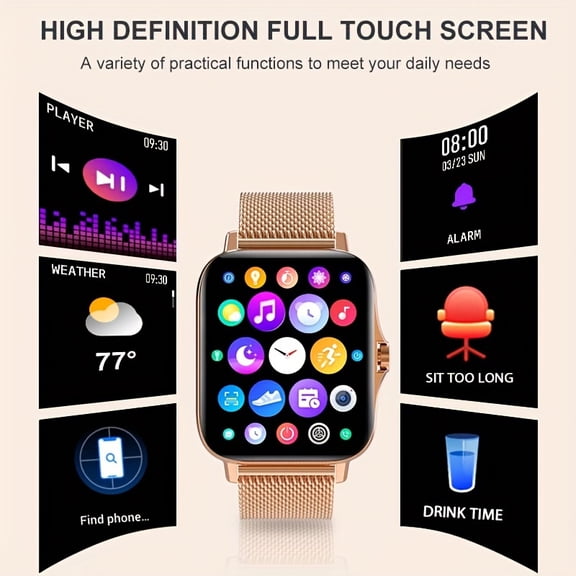 Unisex Smartwatch, Gold, HD Large Screen, Call Function, Custom Dial, Fitness Tracker, iPhone & Android Compatible