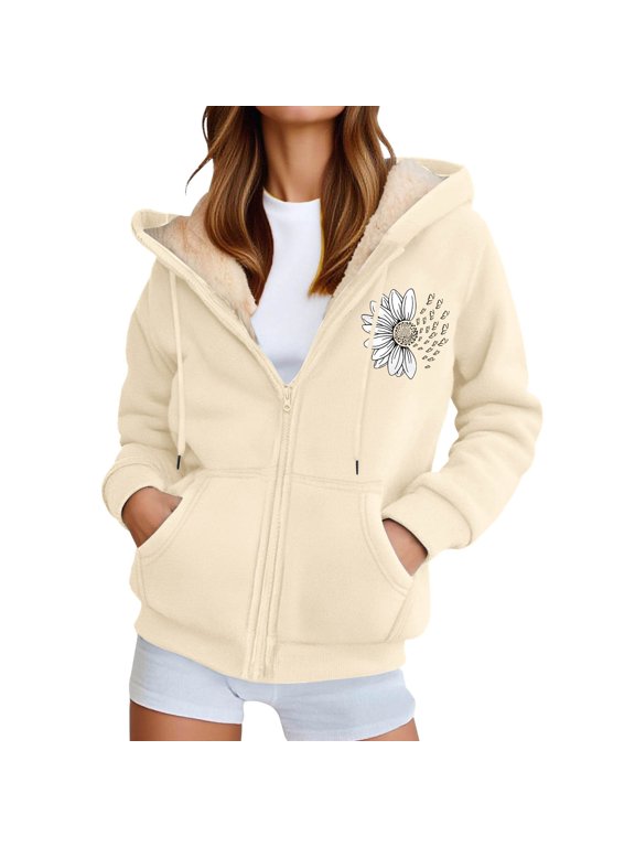 Unisex Smile Graphic Zip Up Hoodie Lined Warm Pullover Jacket For Winter Outdoor Sports Coat Beige