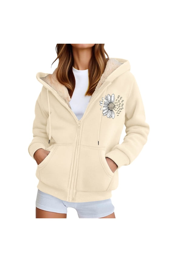 Unisex Smile Graphic Zip Up Hoodie Lined Warm Pullover Jacket For Winter Outdoor Sports Coat Beige