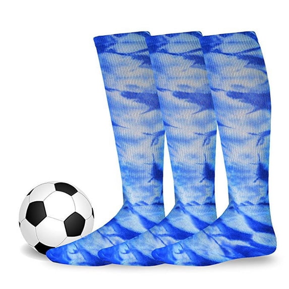 Unisex Soccer Athletic Team Sports Cotton Socks 3 Pack (Large (10-13), Tie Dye Royal)