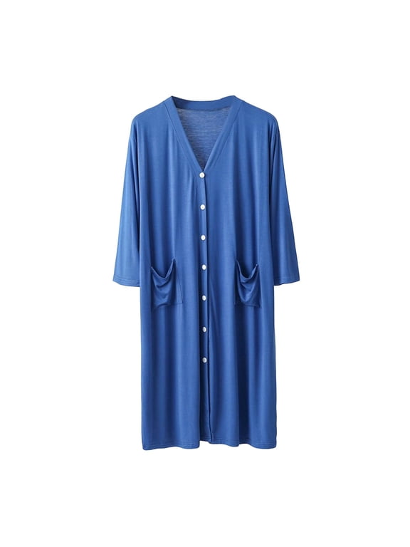 Unisex Soft Robe Button Down House Coat V Neck Comfy 3/4 Sleeve Pajamas for Post Surgery Lounge Sleepwear