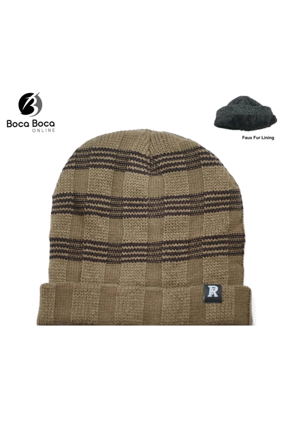 Unisex Soft Winter Beanie Plush Fur Lined Knit Striped Top-Solid Fold WN4596-2