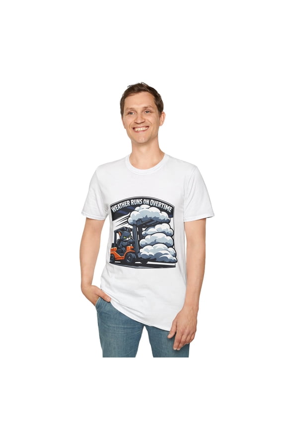 Unisex Softstyle T-Shirt Cat Forklift Clouds Warehouse Sky Work Humor Caption