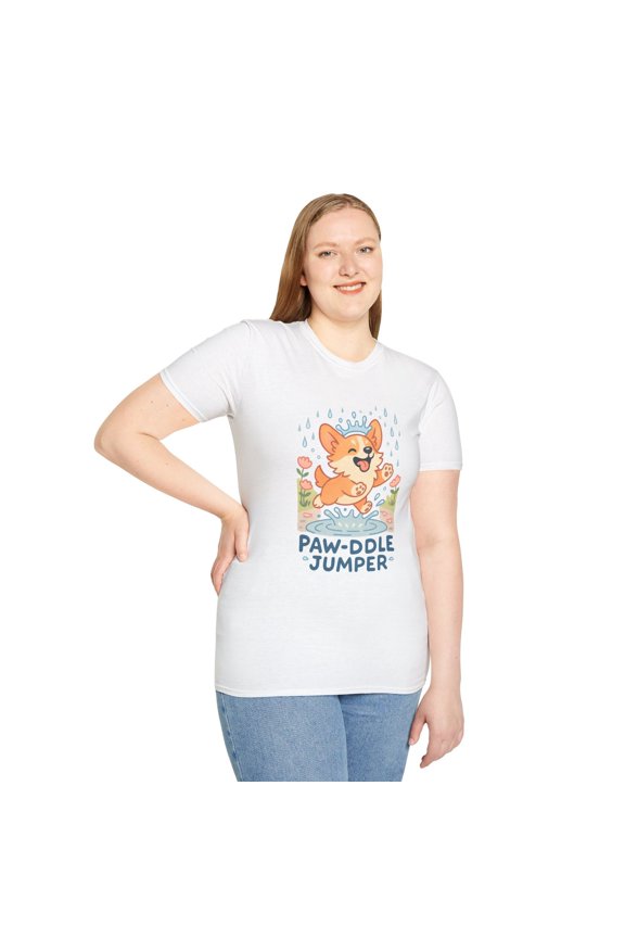Unisex Softstyle T-Shirt Corgi Puppy Rain Puddle Jump Spring