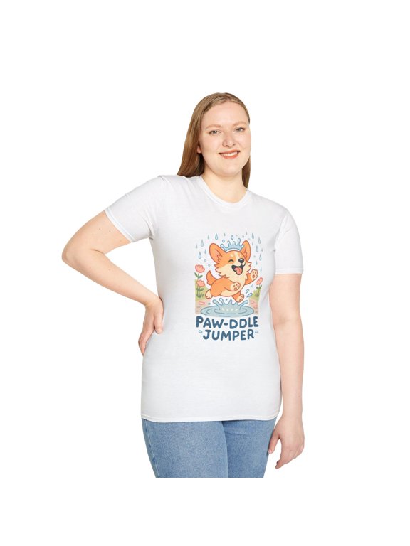 Unisex Softstyle T-Shirt Corgi Puppy Rain Puddle Jump Spring