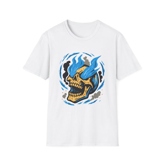 Unisex Softstyle T-Shirt Laughing Skull Blue Flames Dark Humor