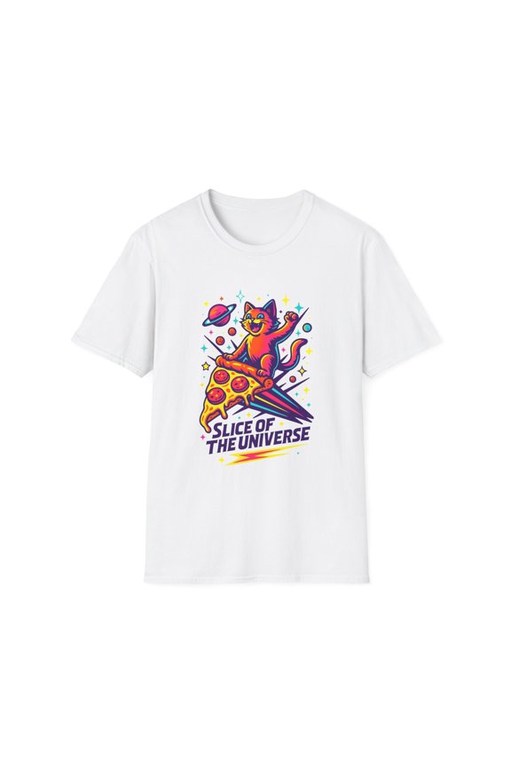 Unisex Softstyle T-Shirt Retro Neon Cat Pizza Slice Cosmic Synthwave Design