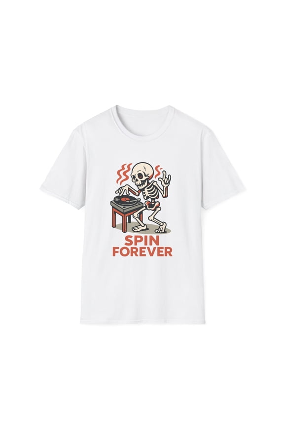 Unisex Softstyle T-Shirt Skeleton DJ Turntable Music Dance