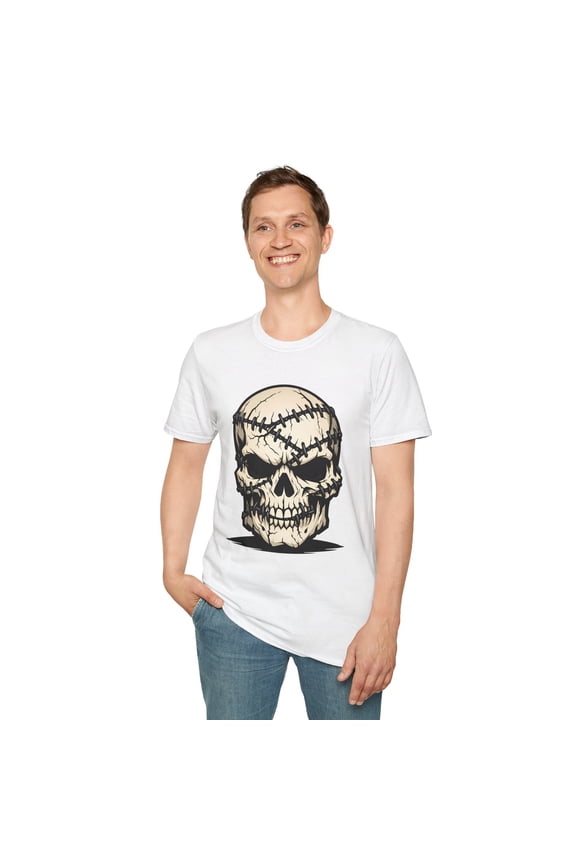 Unisex Softstyle T-Shirt Stitched Skull Patchwork Repair Seam Scar Horror Icon