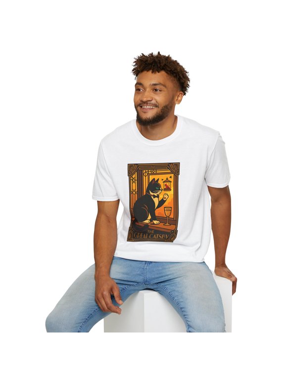 Unisex Softstyle T-Shirt Tuxedo Cat Window Bird Yearning Vintage Jazz Age