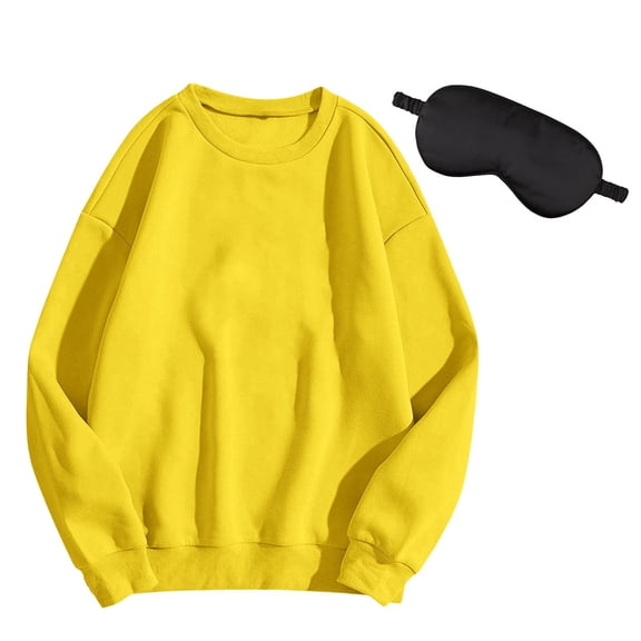 Unisex Solid Color Crew Neck Long Sleeve Sweatshirt with Eye Mask, No Hood Pullover Top for Autumn Winter Travel, Casual Fashion Comfort Wear and Cold Weather Warmth Protection Yellow M