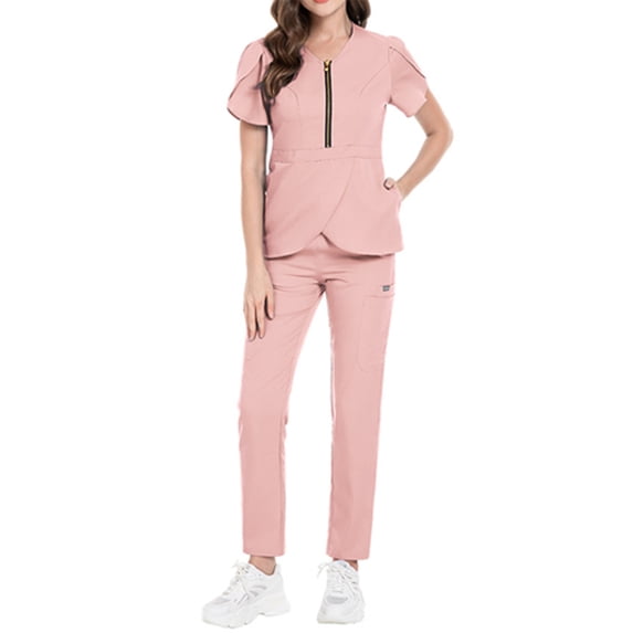 Unisex Solid Color Elastic Metal Zipper Scrub Set Short Sleeve Medical Uniform