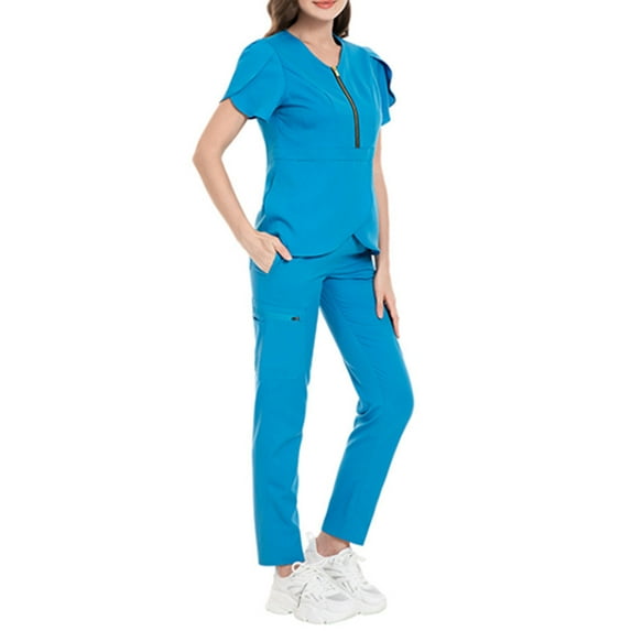 Unisex Solid Color Elastic Metal Zipper Scrub Set Short Sleeve Medical Uniform