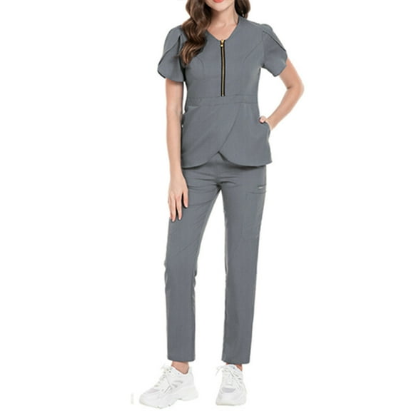 Unisex Solid Color Elastic Metal Zipper Scrub Set Short Sleeve Medical Uniform