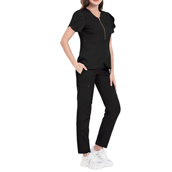 Unisex Solid Color Elastic Metal Zipper Scrub Set Short Sleeve Medical Uniform