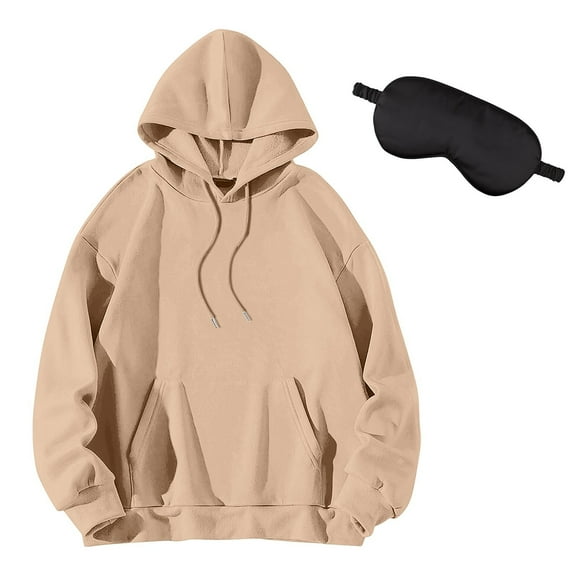 Unisex Solid Color Loose Fit Pullover Hoodie with Pocket and Eye Mask, Long Sleeve Comfortable Sweatshirt for Travel, Sleep, Cold Weather Warmth, and Everyday Casual Wear Khaki M