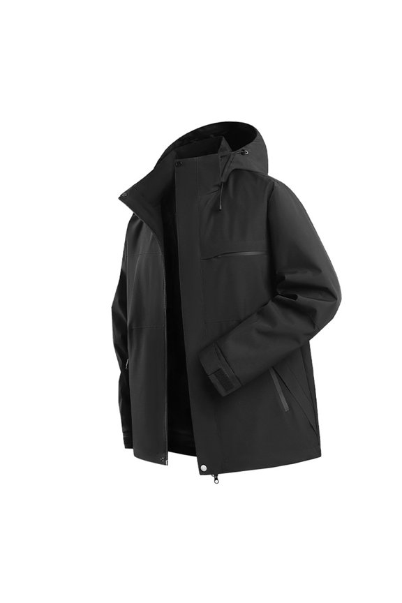 Unisex Solid Color Outdoor Hiking Jacket, Windproof Waterproof Softshell Raincoat for Men and Women, Lightweight Breathable Mountain Climbing Coat with Hood, Trekking and Cycling Windbreaker Black