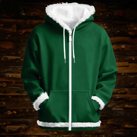 Unisex Solid Color Plush Trim Hoodie, Drawstring Hood Zipper Front Sweatshirt, Men Women's Fleece Lined Pullover, Kangaroo Pocket Casual Jacket, Autumn Winter Streetwear Green L
