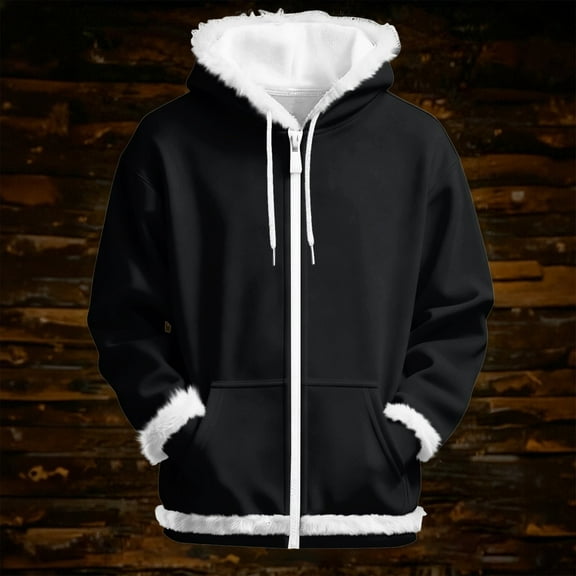 Unisex Solid Color Plush Trim Hoodie, Drawstring Hood Zipper Front Sweatshirt, Men Women's Fleece Lined Pullover, Kangaroo Pocket Casual Jacket, Autumn Winter Streetwear Black XXL