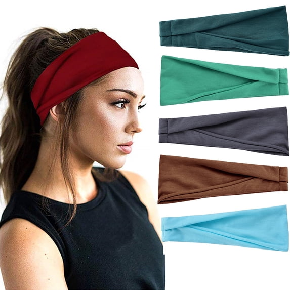 Unisex Solid Color Sports Headband, 5-Pack Wide Sweatband for Workouts, Yoga Headband, Running Headband, Sweat Absorbent Athletic Head Wrap-Blue