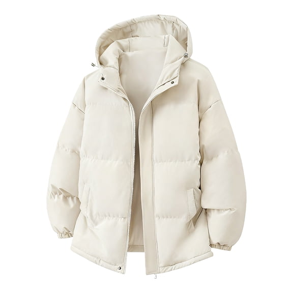 Unisex Solid-Colored Fleece-Lined Hooded Jacket, Casual Warm Couples' Outerwear, Beige, L