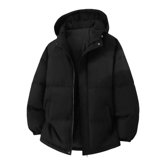 Unisex Solid-Colored Fleece-Lined Hooded Jacket, Casual Warm Couples' Outerwear, Black, L