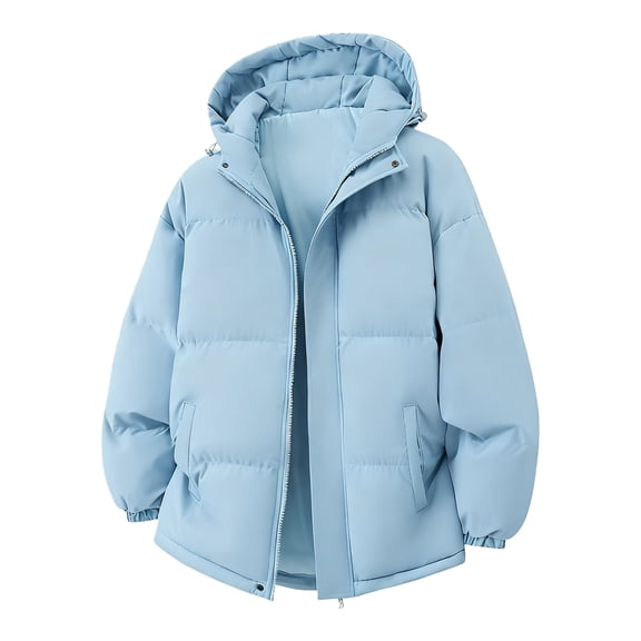 Unisex Solid-Colored Fleece-Lined Hooded Jacket, Casual Warm Couples' Outerwear, Sky Blue, XL