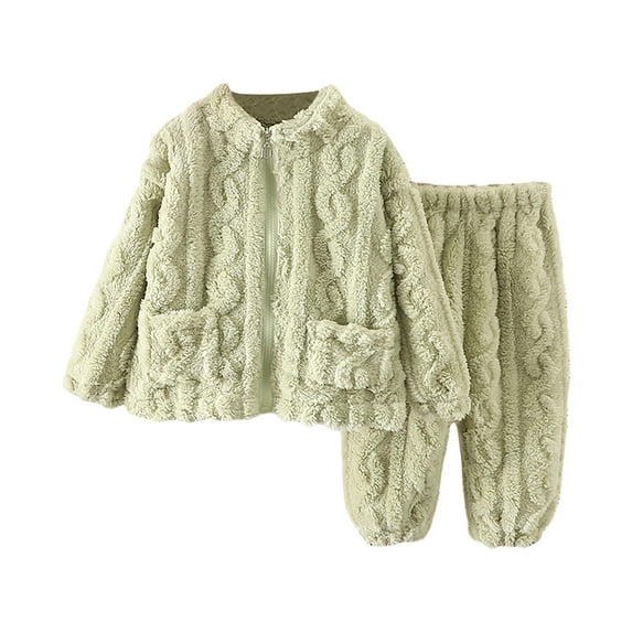 Unisex Solid Flannel 𝐏ajamas 2PCS Long Sleeve Stand Collar Coat Tops With Pockets + Elastic Waist Trousers Cinch Bottom Pants - Light Green,3-4 Years