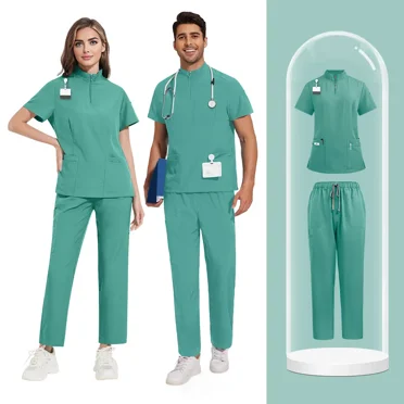Unisex Solid Medical Scrub Set Stand Collar Dental Clinic Uniform for Nurses Surgeons Hospital Workwear with Pockets