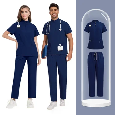 Unisex Solid Medical Scrub Set Stand Collar Dental Clinic Uniform for Nurses Surgeons Hospital Workwear with Pockets