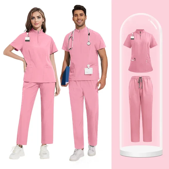 Unisex Solid Medical Scrub Set Stand Collar Dental Clinic Uniform for Nurses Surgeons Hospital Workwear with Pockets